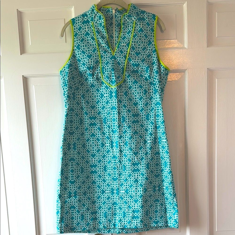 Vince Camuto Teal Aqua Blue Geometric Cotton Sleeveless V-Neck Sundress Size 8